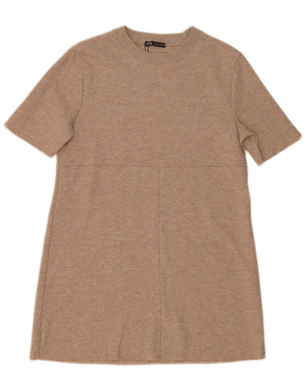 Zara Womens Short Sleeves Jumper Dress UK 14 Medium Beige Flecked Polyester