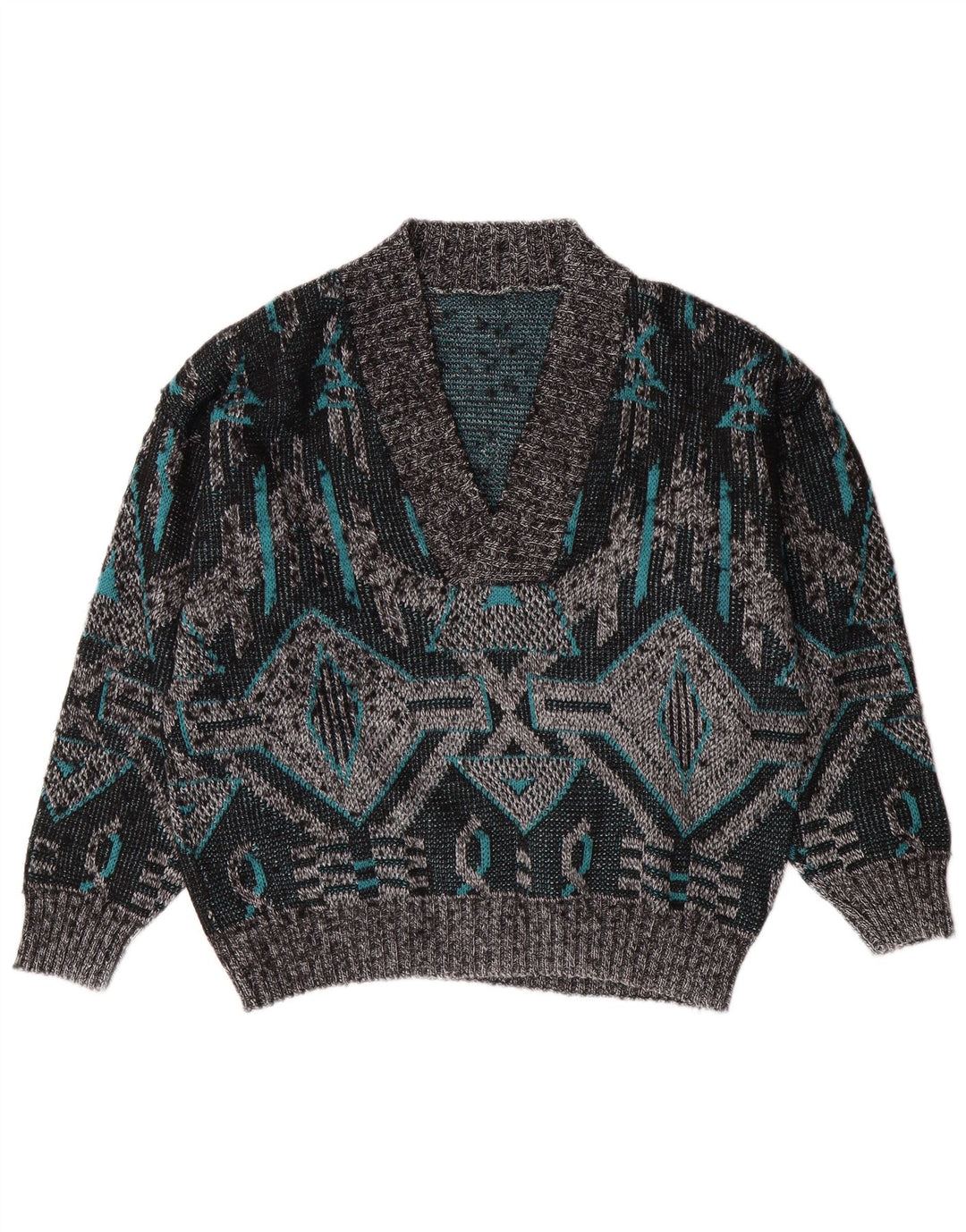 VINTAGE muški pulover s V-izrezom, veliki sivi geometrijski