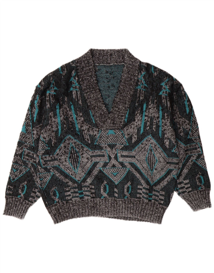 VINTAGE muški pulover s V-izrezom, veliki sivi geometrijski