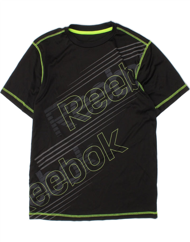 REEBOK Boys Graphic T-Shirt Top 13-14 Years Black Striped Polyester Vintage Reebok and Second-Hand Reebok from Messina Hembry 