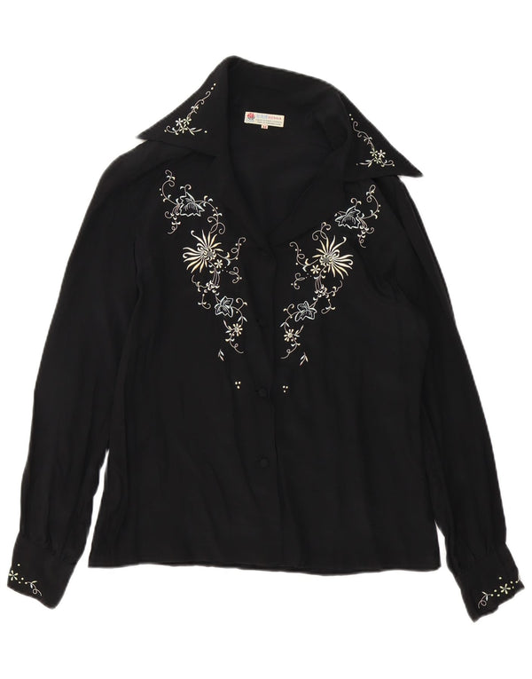 Vintage ženska košulja bluza UK 14 Srednje crna cvjetna svila