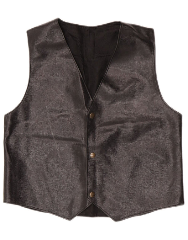 Vintage Womens Leather Waistcoat UK 14 Medium Black