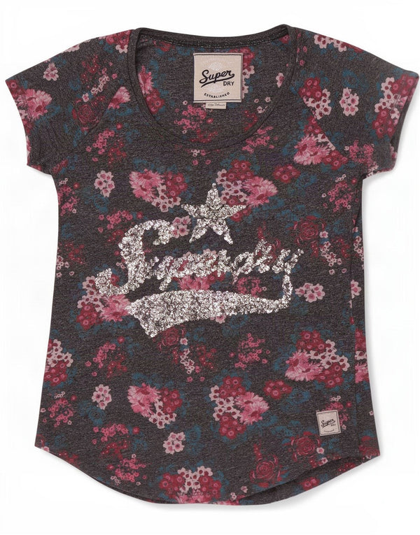 Superdry ženska majica kratkih rukava s grafičkim motivima UK 6 XS Sivi cvjetni pamuk