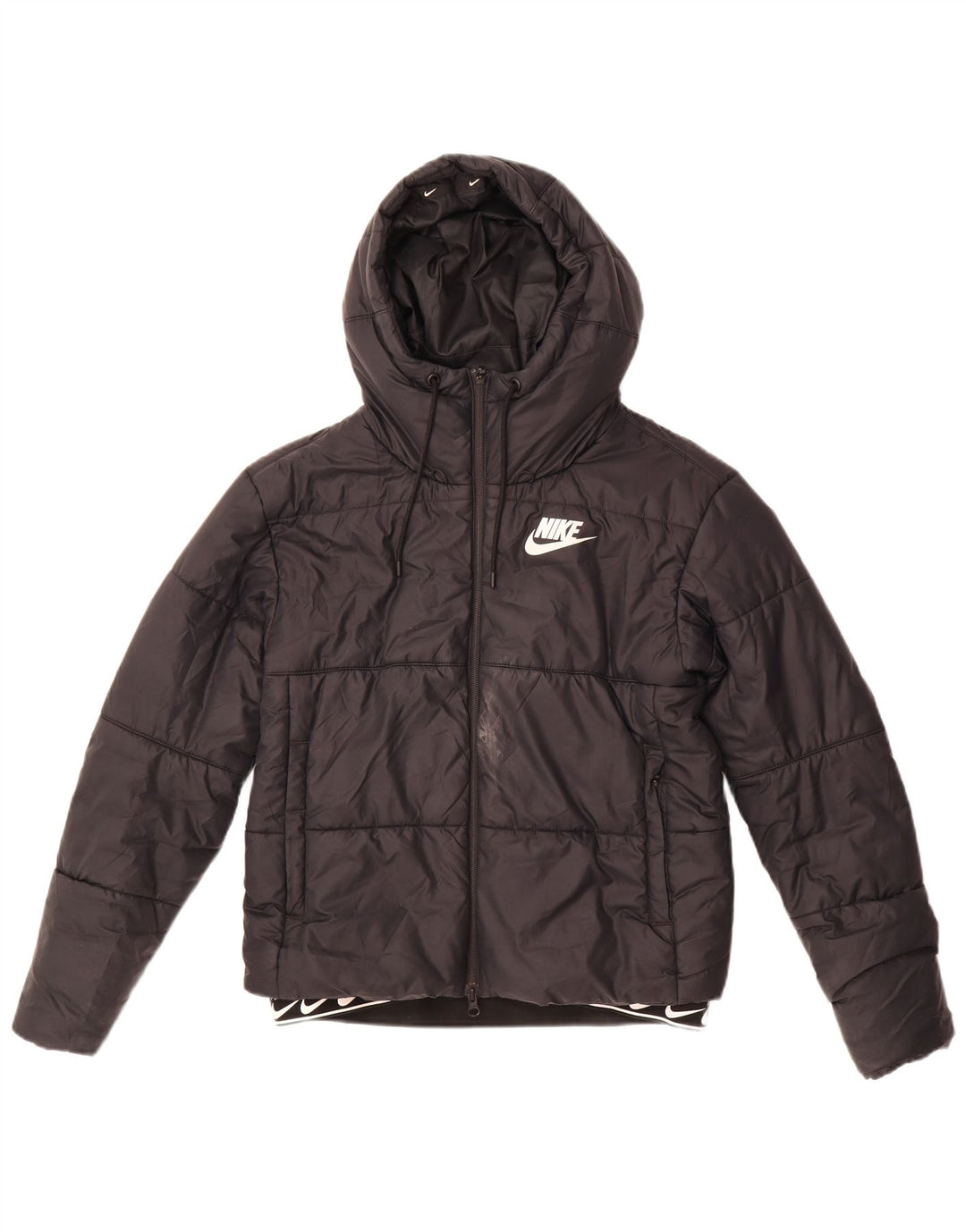 NIKE Womens Graphic Hooded Padded Jacket UK 10 Small Black Polyester