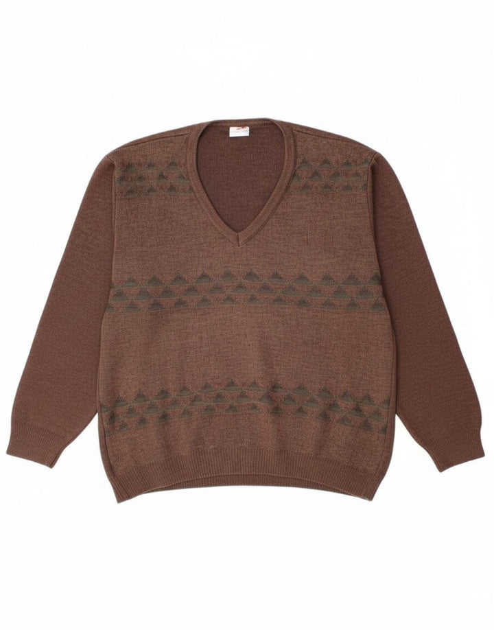 BERNARDINI Mens V-Neck Jumper Sweater Medium Brown Geometric Wool