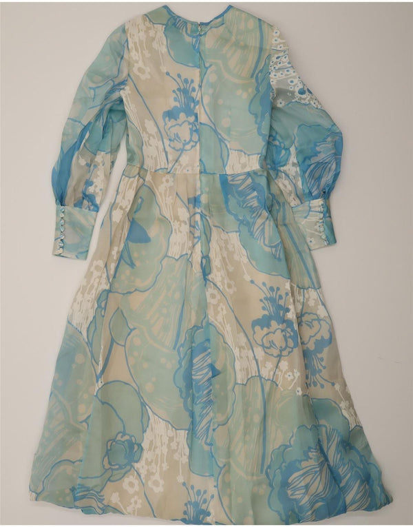 Vintage ženska maksi haljina dugih rukava UK 12 Srednje plava cvjetna