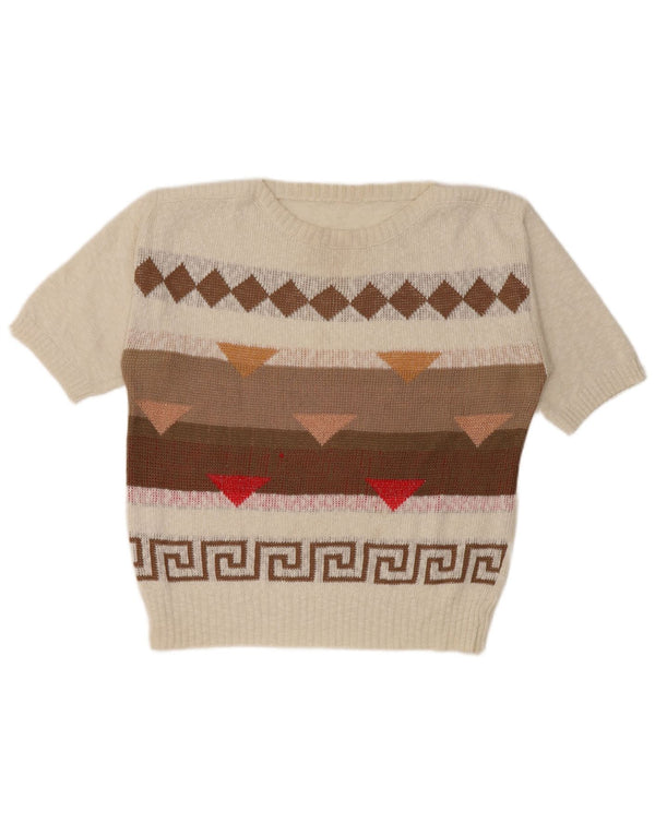 Vintage Womens Boat Neck Jumper Sweater UK 14 Medium White Geometric