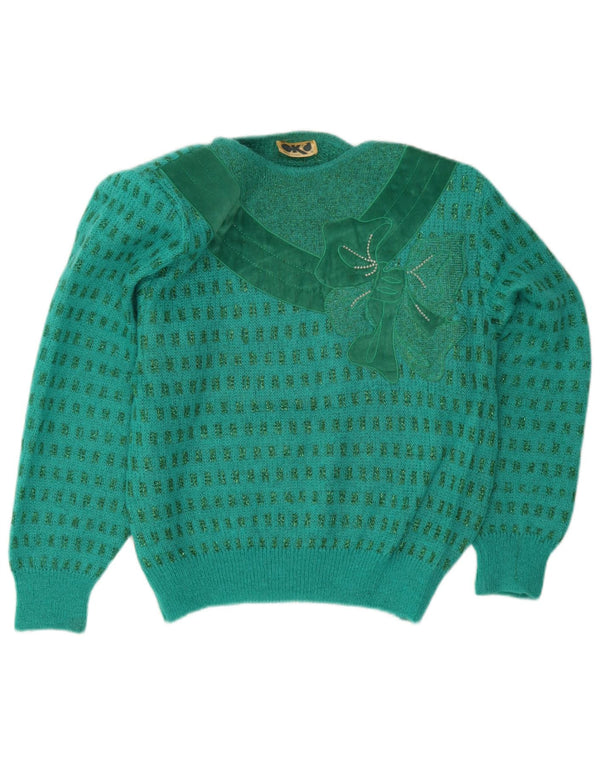 Vintage ženski džemper s brodskim izrezom UK 16 Veliki zeleni geometrijski retro