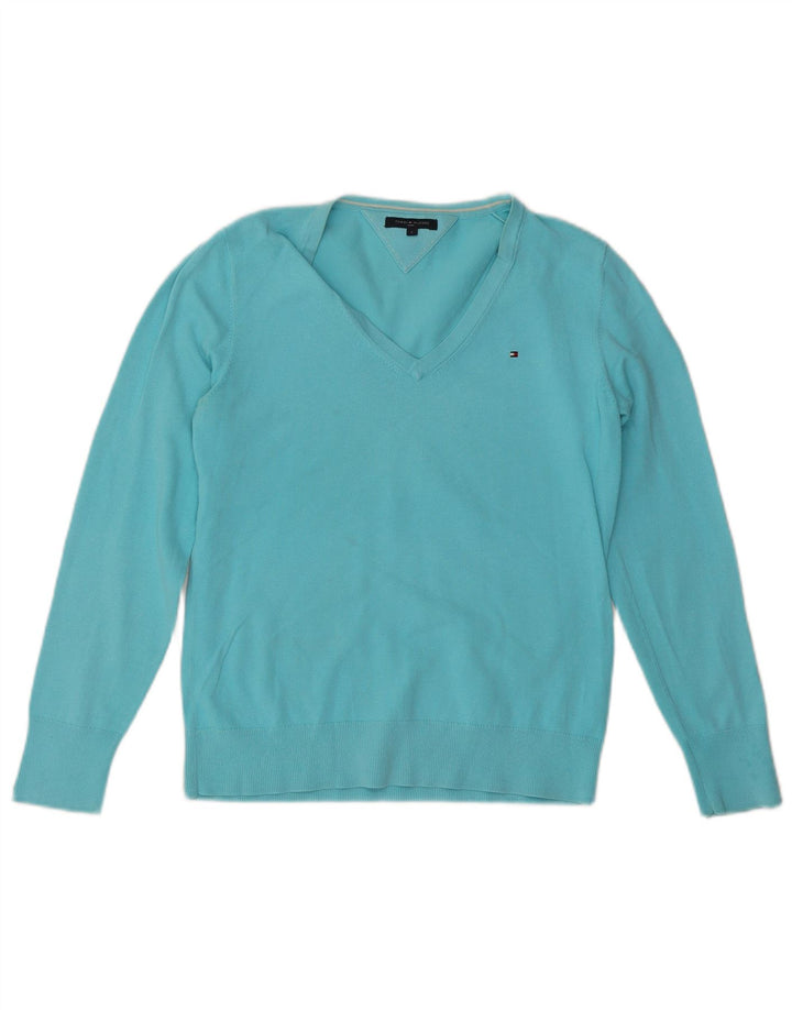 TOMMY HILFIGER Ženski džemper s V-izrezom UK 14 Veliki plavi pamuk