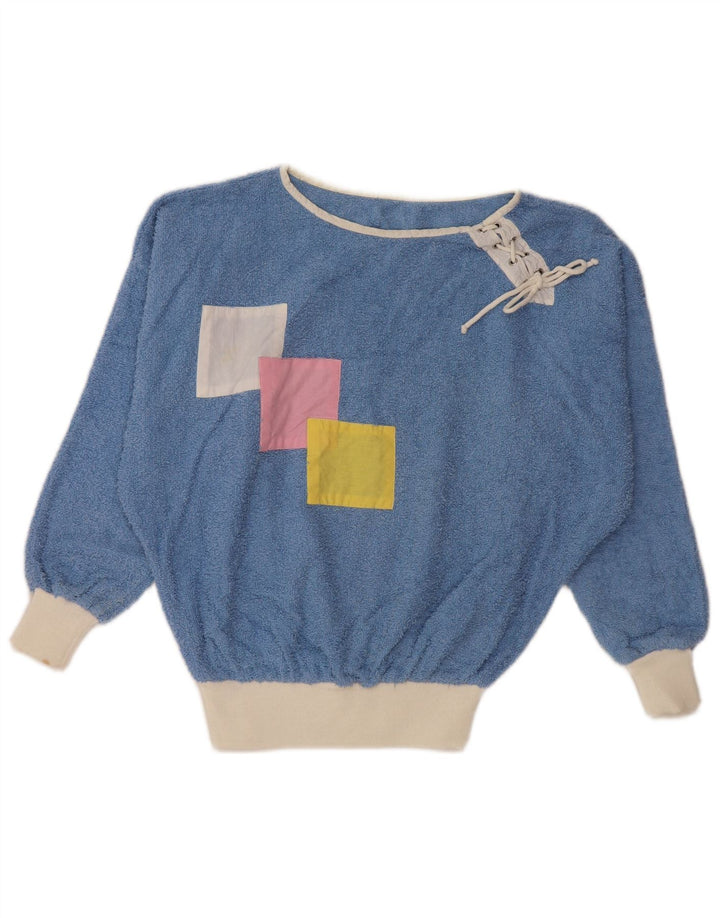 VINTAGE ženski džemper s veznim izrezom UK 16 Veliki plavi blok u boji