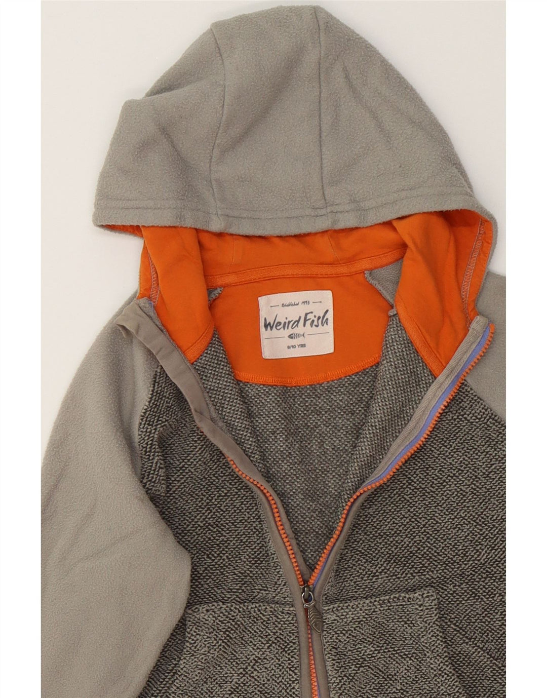 WEIRD FISH Boys Hooded Fleece Jacket 9-10 Years Grey Colourblock Polyester Vintage Weird Fish and Second-Hand Weird Fish from Messina Hembry 