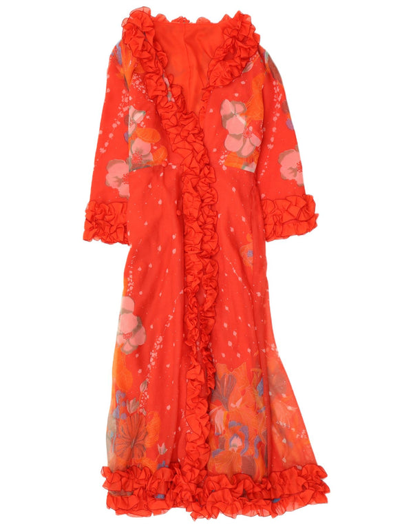 VINTAGE ženska maksi haljina s volanima UK 12 Srednje crvena cvjetna