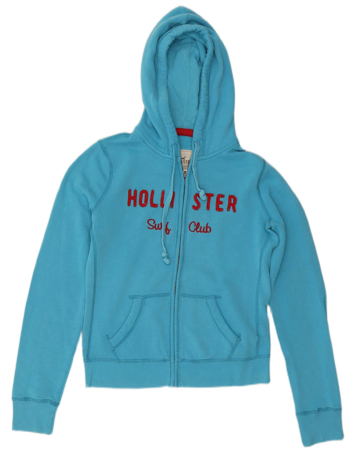 HOLLISTER Ženski pulover s kapuljačom s grafičkim patentnim zatvaračem UK 14 Srednje plavi pamuk