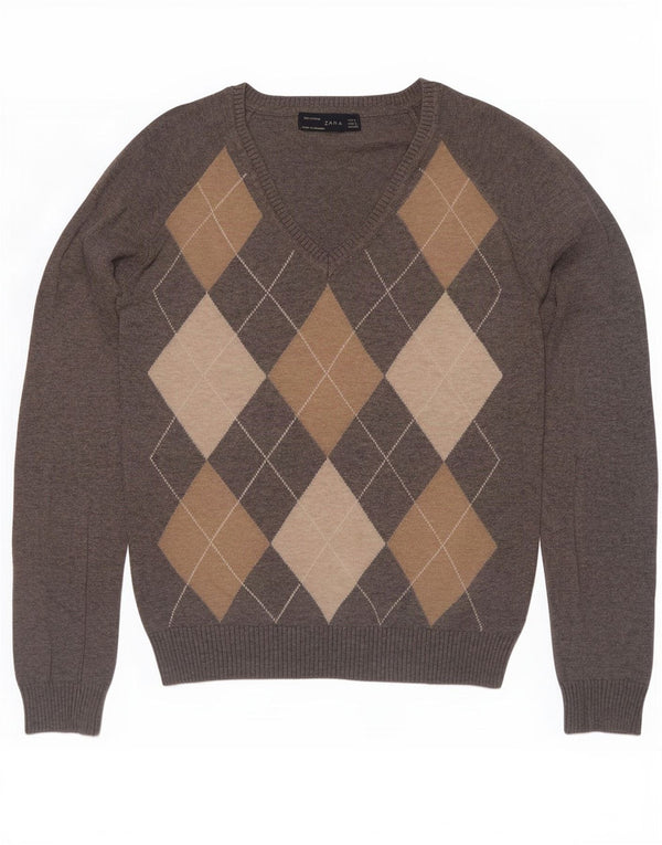 Zara ženski kratki džemper s V-izrezom UK 14 Large Gray Argyle/Diamond