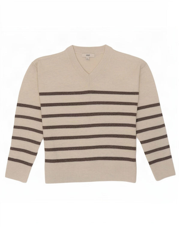 Marks & Spencer ženski džemper s V-izrezom UK 10 Small off white prugasti