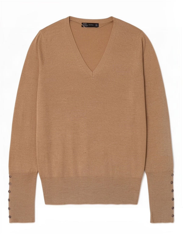 Zara ženski džemper s V-izrezom UK 14 Large Beige Rayon