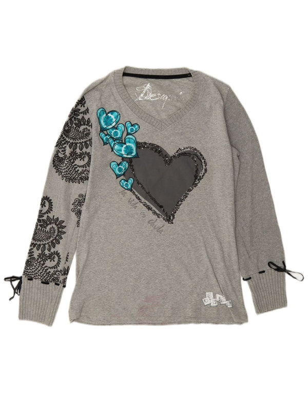 Desigual Womens Graphic Top Long Sleeve UK 14 Large Grey Paisley Cotton