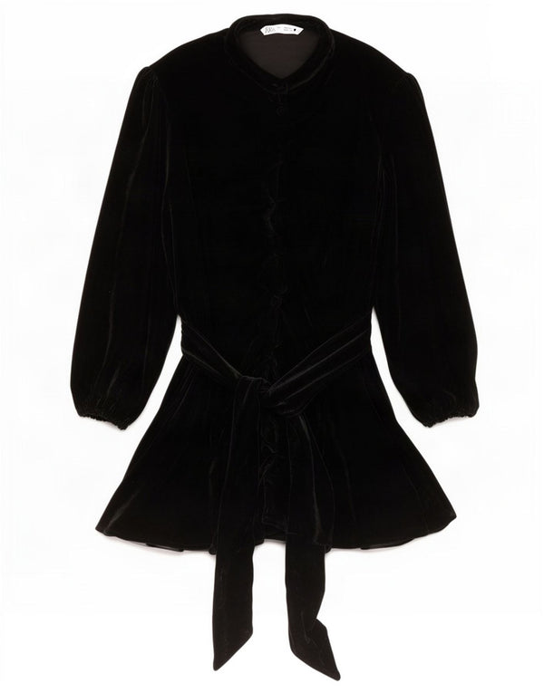 Zara Womens Long Sleeve Velvet Shirt Dress UK 14 Large Black Polyester