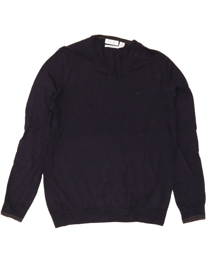 CALVIN KLEIN Mens V-Neck Jumper Sweater Medium Navy Blue Merino Wool Vintage Calvin Klein and Second-Hand Calvin Klein from Messina Hembry 