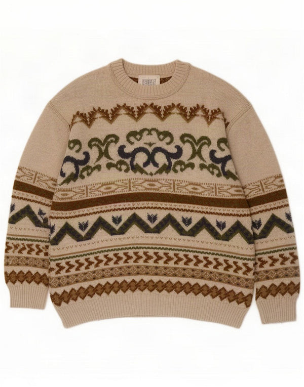 Vintage muški džemper s kratkim izrezom Large Beige Fair Isle Wool