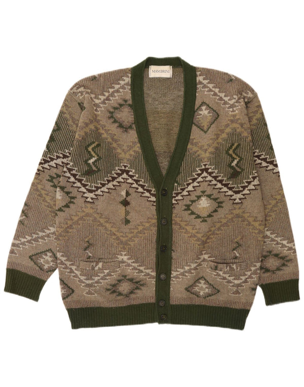 Vintage Mens Cardigan Sweater Large Green Geometric Wool
