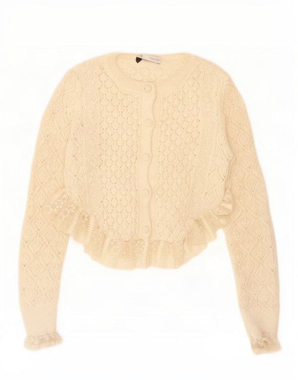 Zara Womens Crop Cardigan Sweater UK 10 Small Off White Floral Polyester