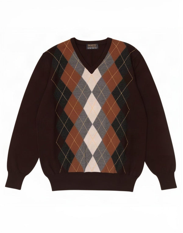Vintage muški džemper s V-izrezom IT 48 Srednje smeđi Argyle/Diamond