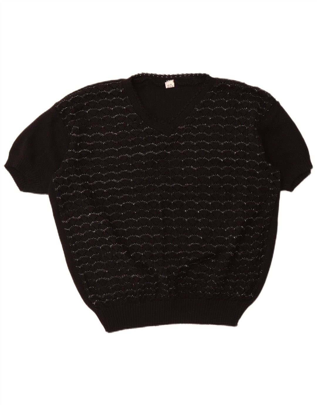 VINTAGE ženski džemper kratkih rukava s V-izrezom UK 18 XL crni na pruge