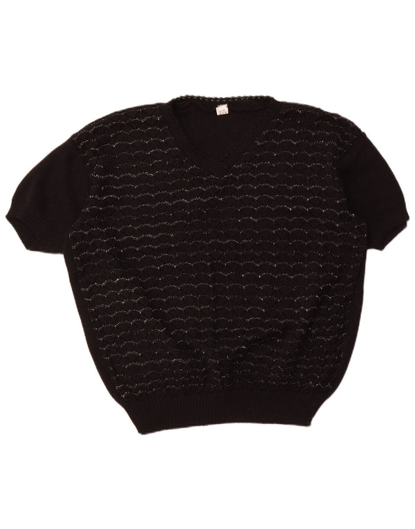 VINTAGE ženski džemper kratkih rukava s V-izrezom UK 18 XL crni na pruge