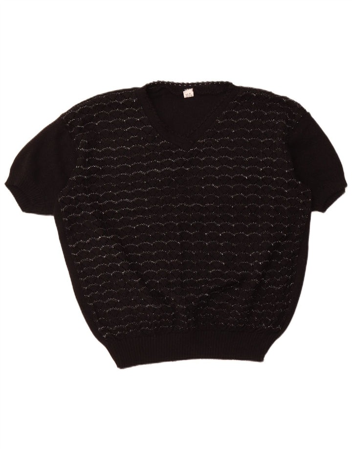 VINTAGE ženski džemper kratkih rukava s V-izrezom UK 18 XL crni na pruge