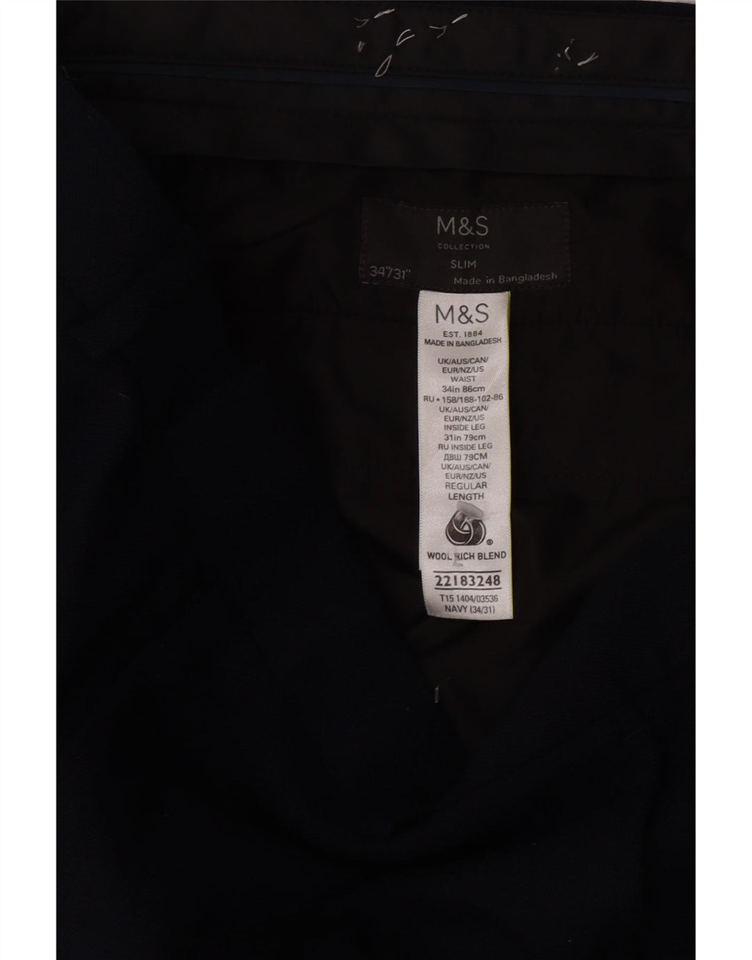 Marks & Spencer muške uske hlače W34 L31 Mornarsko plava vuna