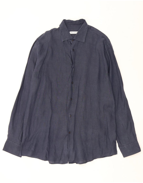TRUSSARDI Mens Shirt Size 43 Large Navy Blue Linen