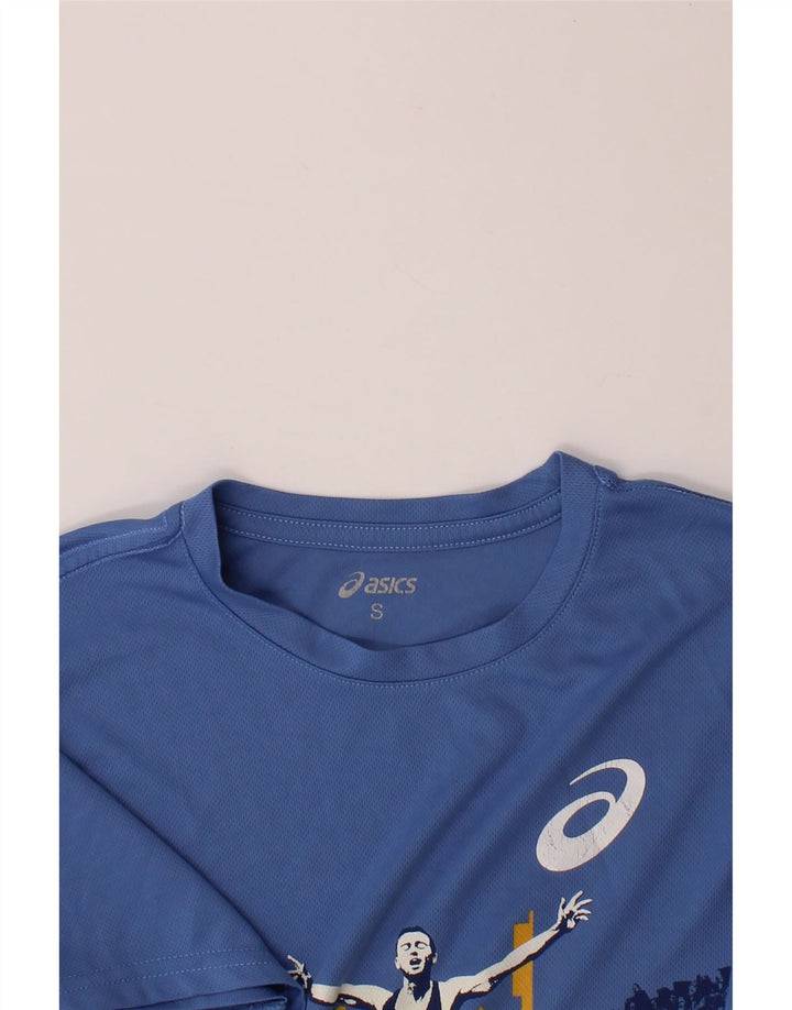 ASICS Mens Graphic T-Shirt Top Small Blue Vintage Asics and Second-Hand Asics from Messina Hembry 