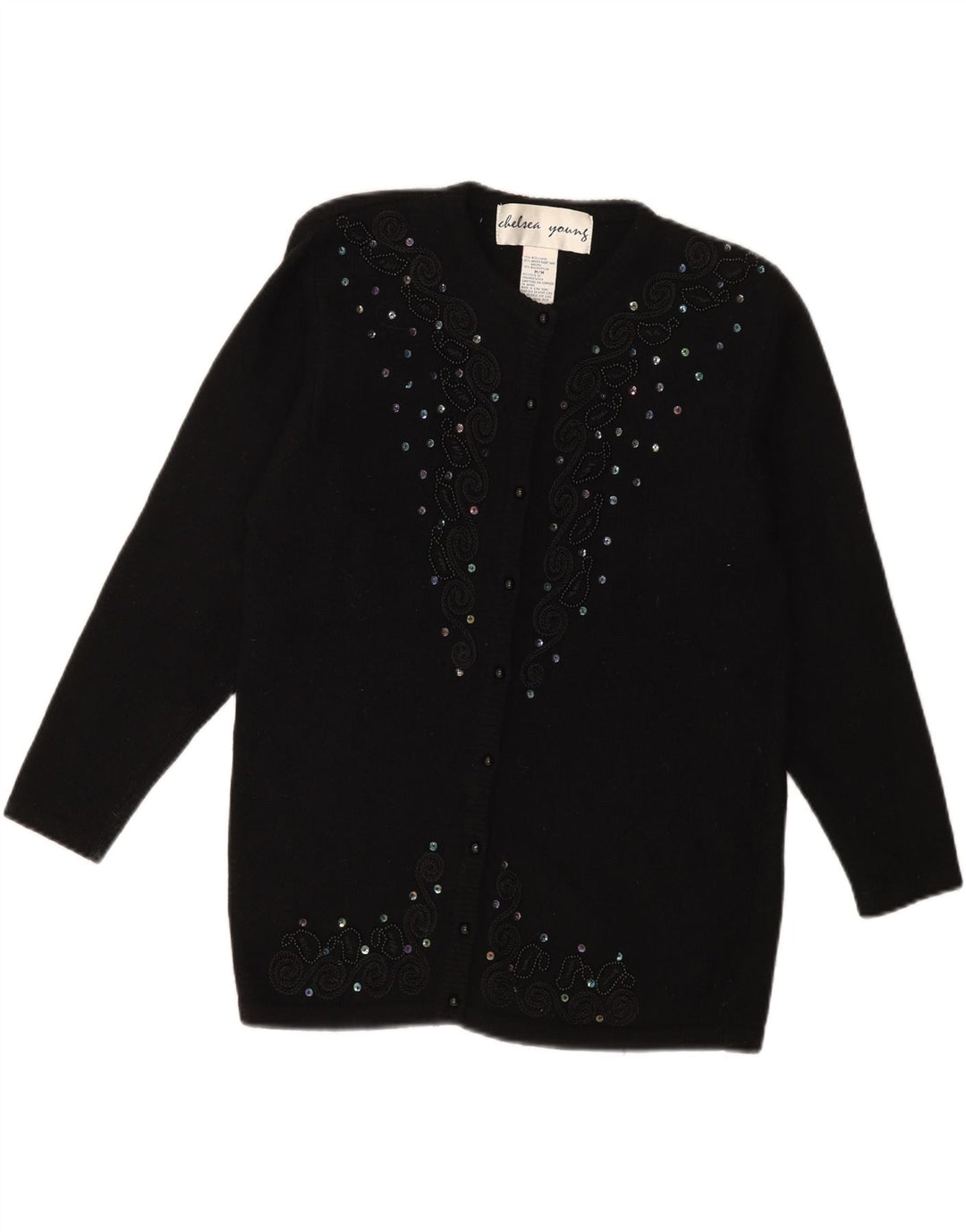 CHELSEA YOUNG Womens Cardigan Sweater UK 14 Medium Black Wool Vintage Chelsea Young and Second-Hand Chelsea Young from Messina Hembry 