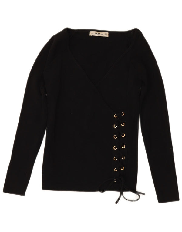 ZARA ženski džemper s V-izrezom 3/4 rukava UK 10 Mala crna viskoza