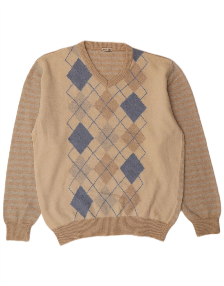 Vintage muški džemper s V-izrezom 2XL Bež Argyle/Diamond Lambswool
