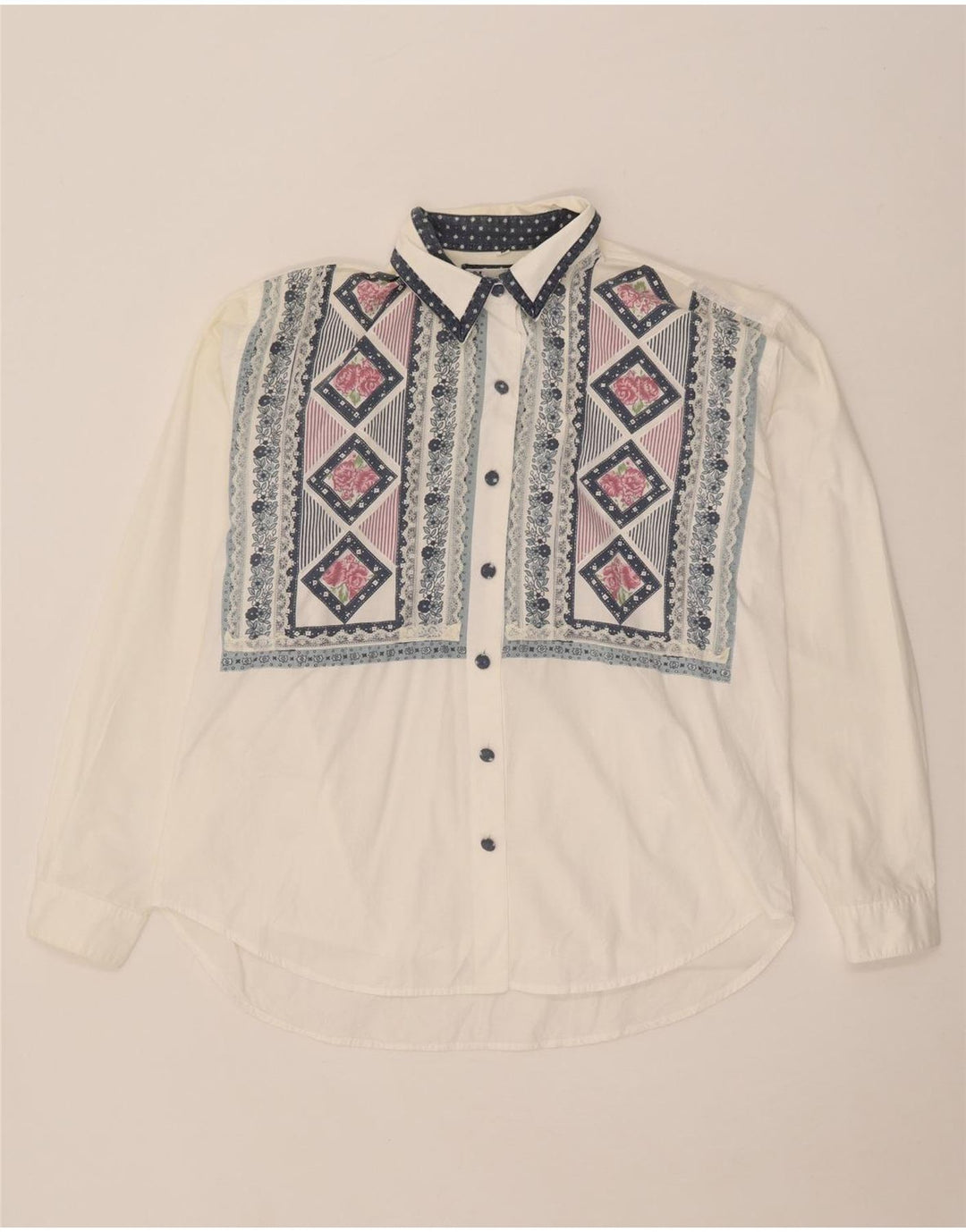Vintage ženska prevelika košulja bluza UK 14 Srednje bijeli geometrijski pamuk