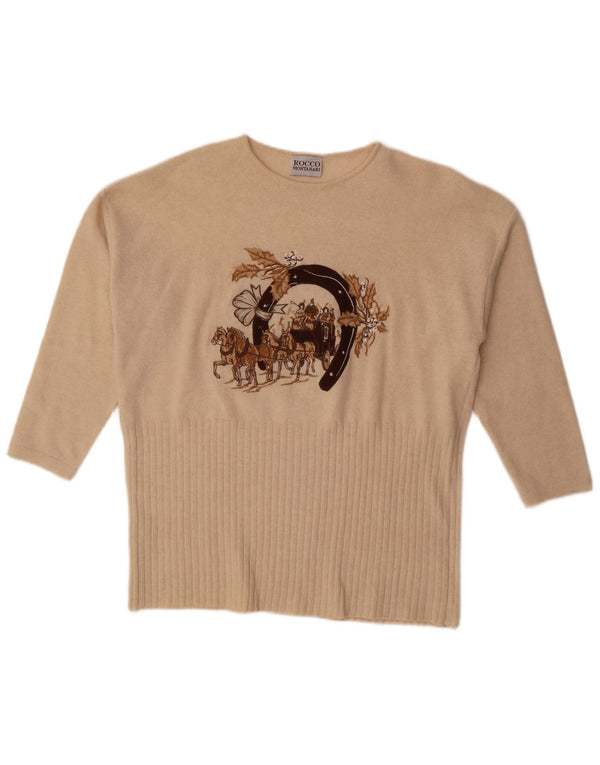 Vintage ženski džemper s okruglim izrezom s 3/4 rukavima UK 20 2XL bež