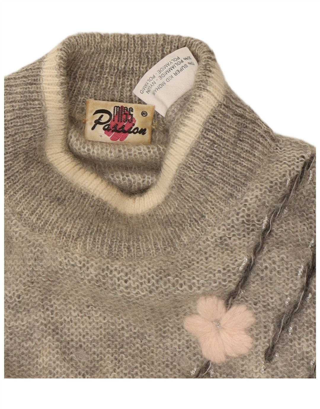 VINTAGE ženski džemper s kornjačastim ovratnikom UK 18 XL sivi cvjetni moher