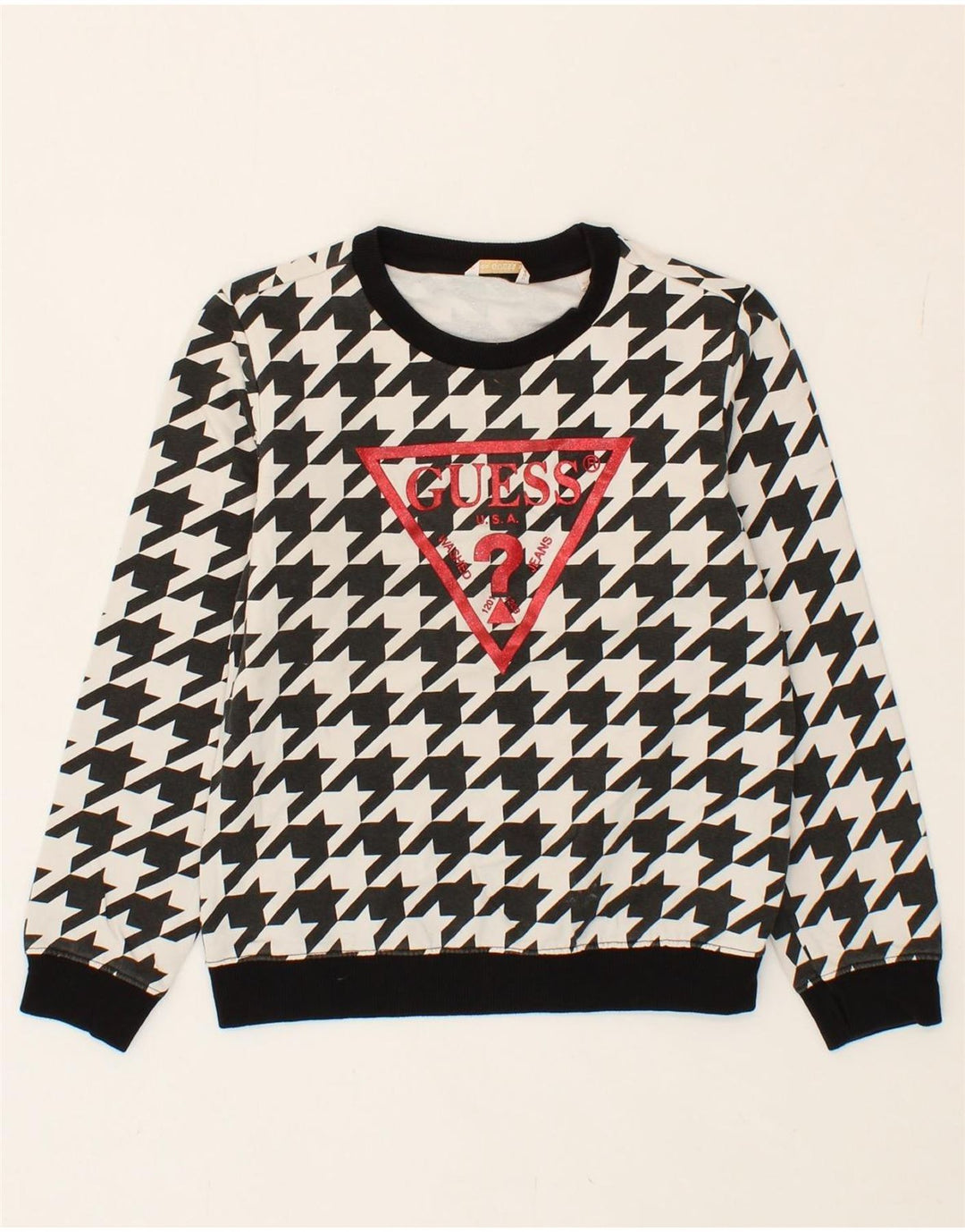 GUESS Boys Graphic Sweatshirt Jumper 7-8 Years Black Houndstooth Cotton Vintage Guess and Second-Hand Guess from Messina Hembry 