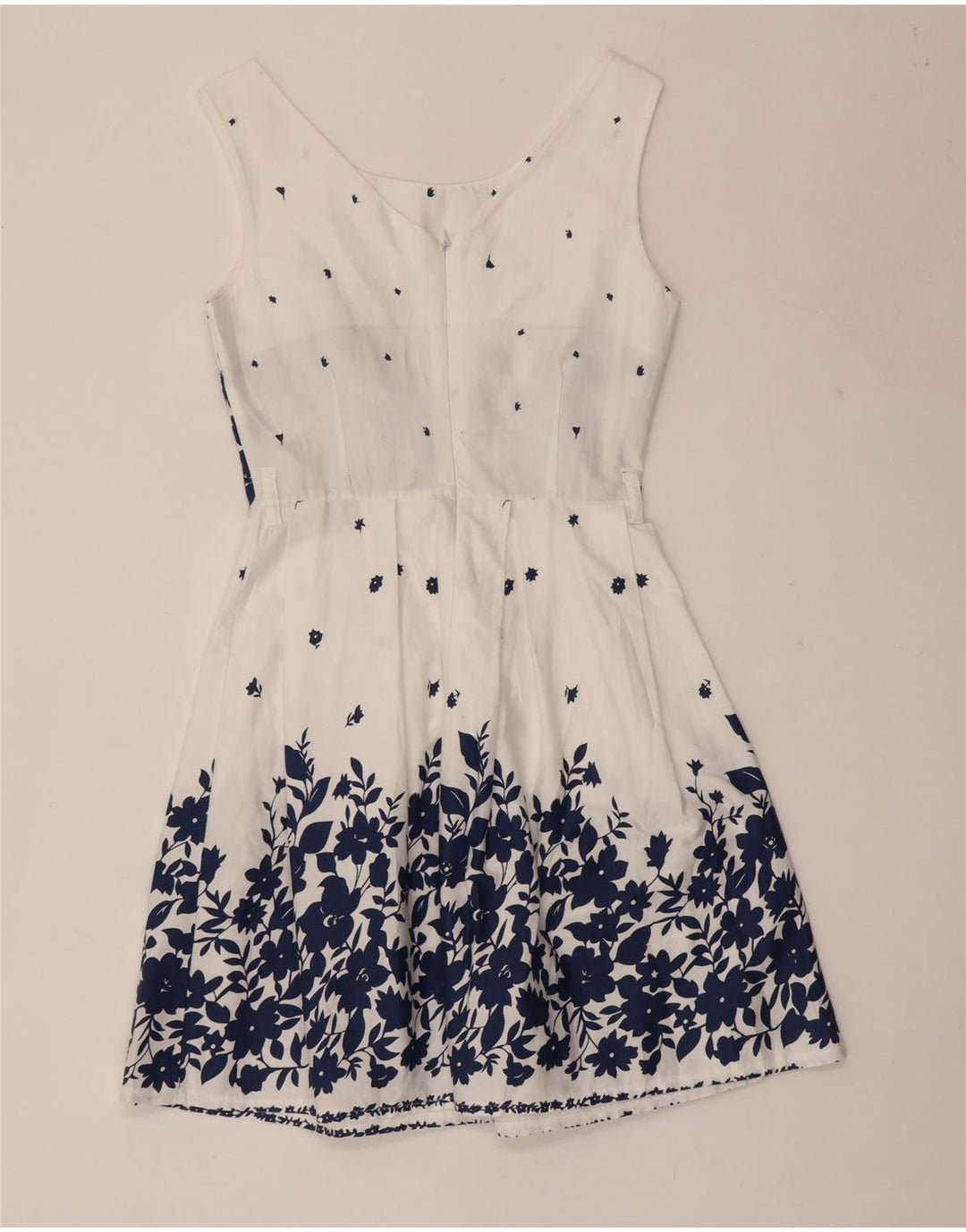 VINTAGE ženska haljina A-kroja bez rukava UK 8 Mala bijela cvjetna pamuk