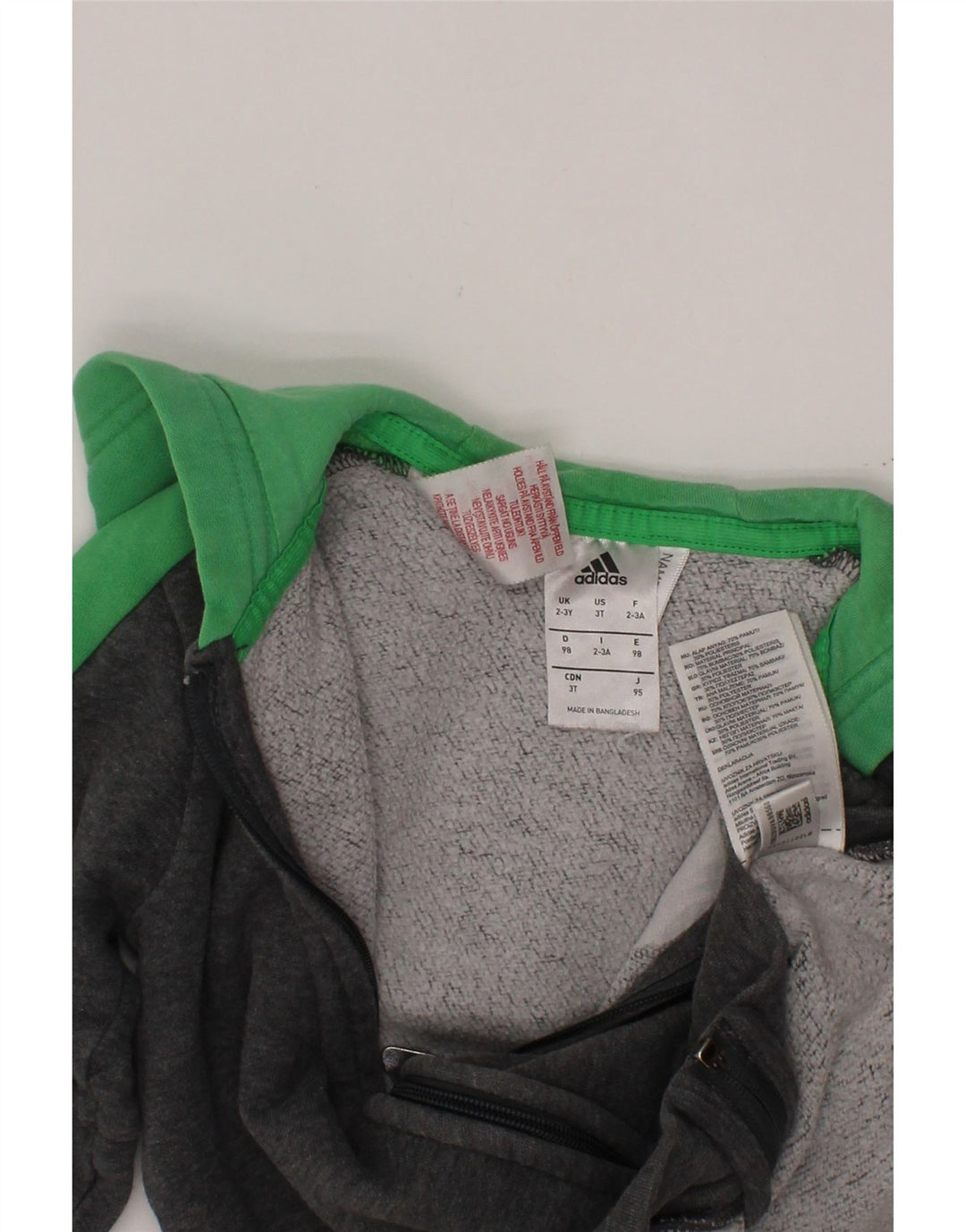 ADIDAS dječački pulover s kapuljačom na patentni zatvarač 2-3 godine, sivi pamuk u blokovima boja