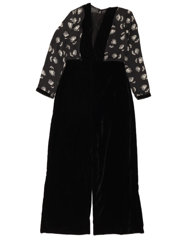 Vintage ženski kombinezon od velura UK 12 srednje crni cvjetni poliester