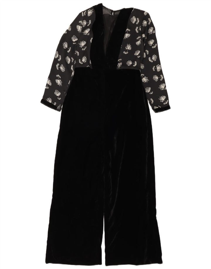 Vintage ženski kombinezon od velura UK 12 srednje crni cvjetni poliester