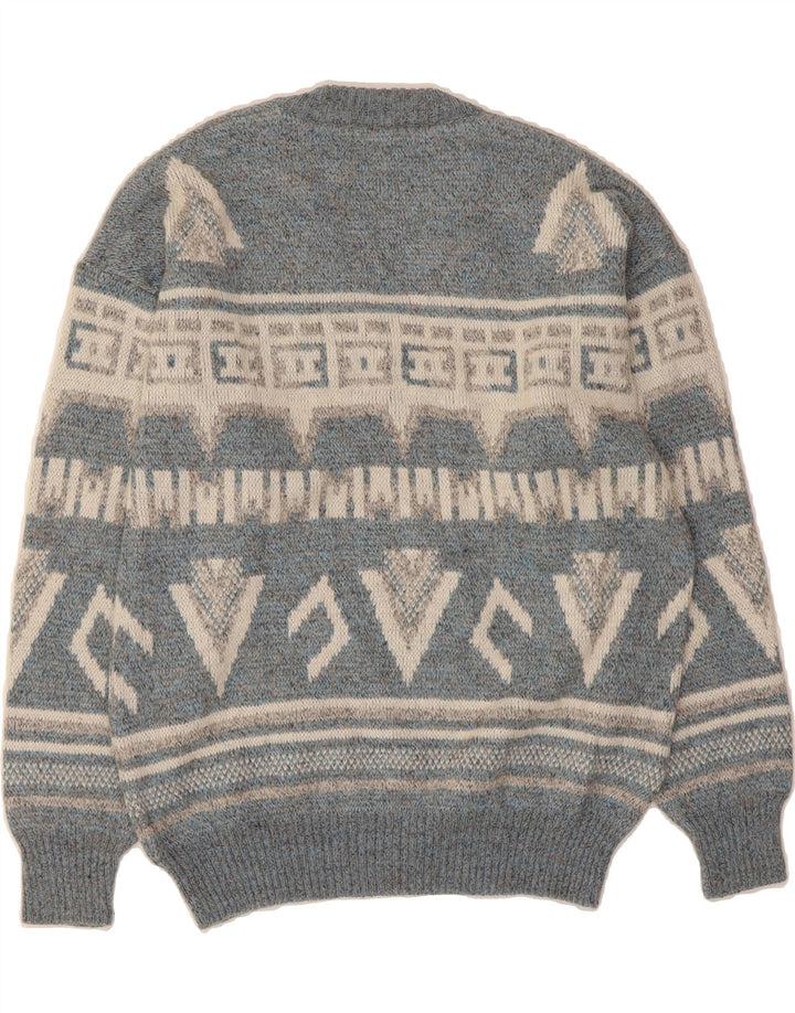 VINTAGE Mens V-Neck Jumper Sweater Medium Blue Geometric Acrylic Vintage Vintage and Second-Hand Vintage from Messina Hembry 