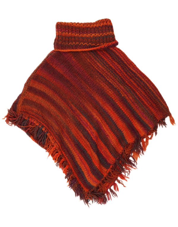 VINTAGE Womens Roll Neck Poncho Jumper One Size Red Striped