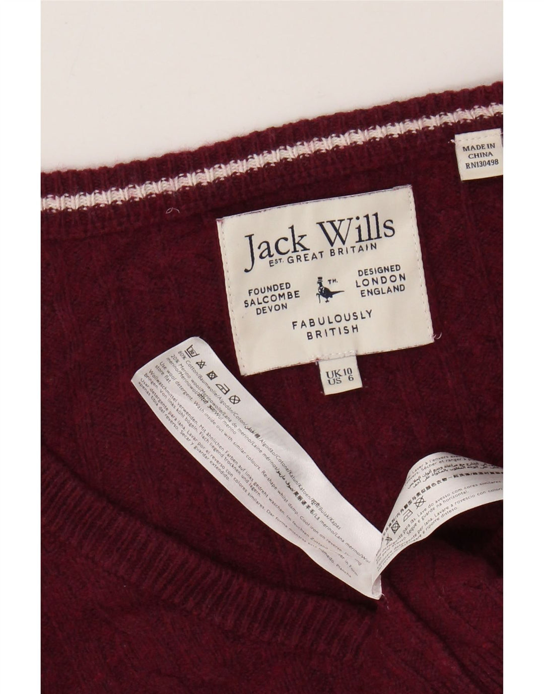 JACK WILLS Ženski kratki džemper s V-izrezom UK 10 Mali bordo pamuk