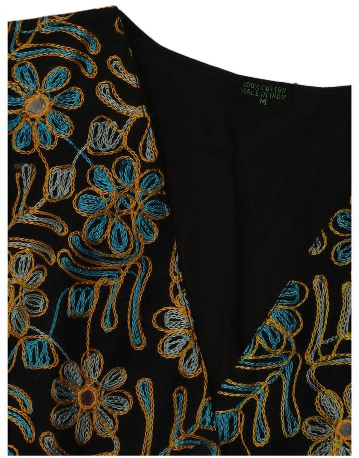 VINTAGE ženski prsluk UK 14 Srednje crni cvjetni pamuk