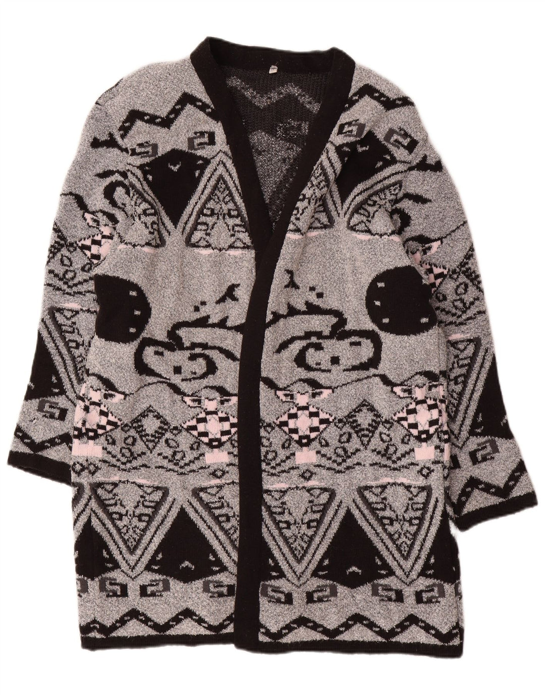 VINTAGE ženski dugi otvoreni kardigan pulover EU 44 XL sivi geometrijski