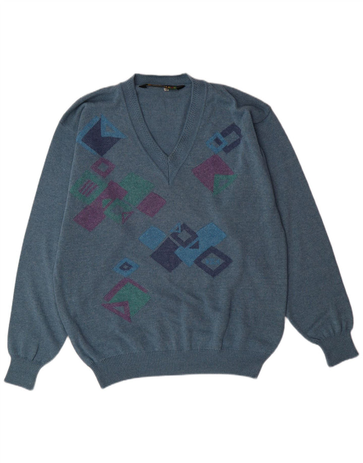 FRANK ALEXS Muški pulover s V-izrezom IT 54 XL plavi geometrijski pamuk